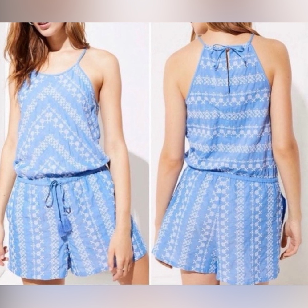 LOFT Womens Blue Embroidered Halter Romper Cotton Size M Cottagecore Preppy Sun